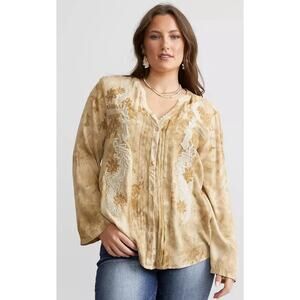NWT Miss Me Top Blouse Western Boho Chic Tie Dye Bronce, embroidery Floral,sz XL